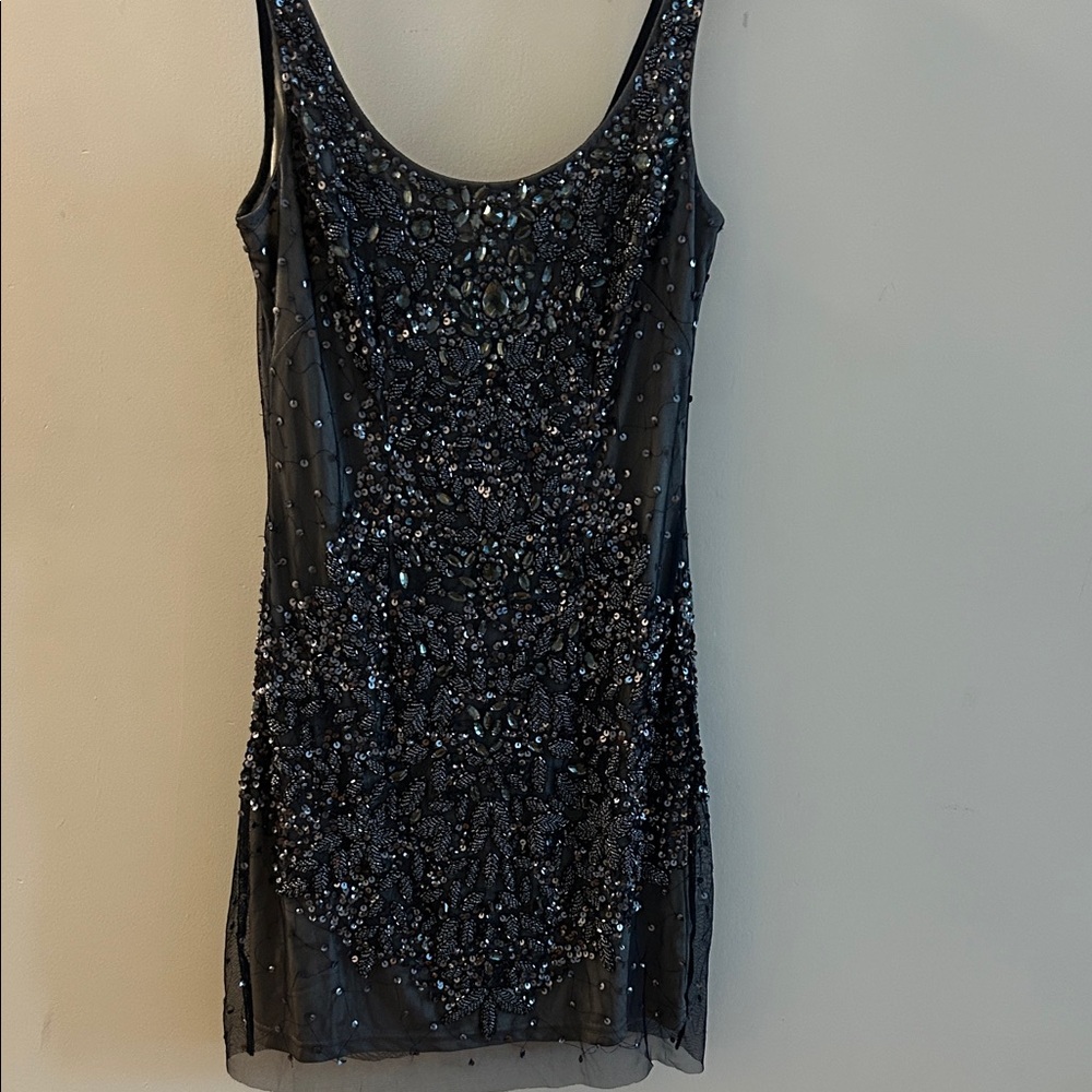 Adrianna Papell Scoop Neck Embellished Mesh Tank Cocktail Dress